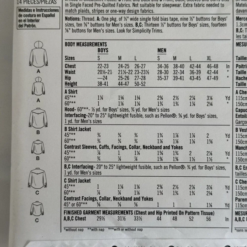 Simplicity Sewing Pattern 8475 Dad & Me Shirt Jacket Hooded Mens 34-48 Boys S-L